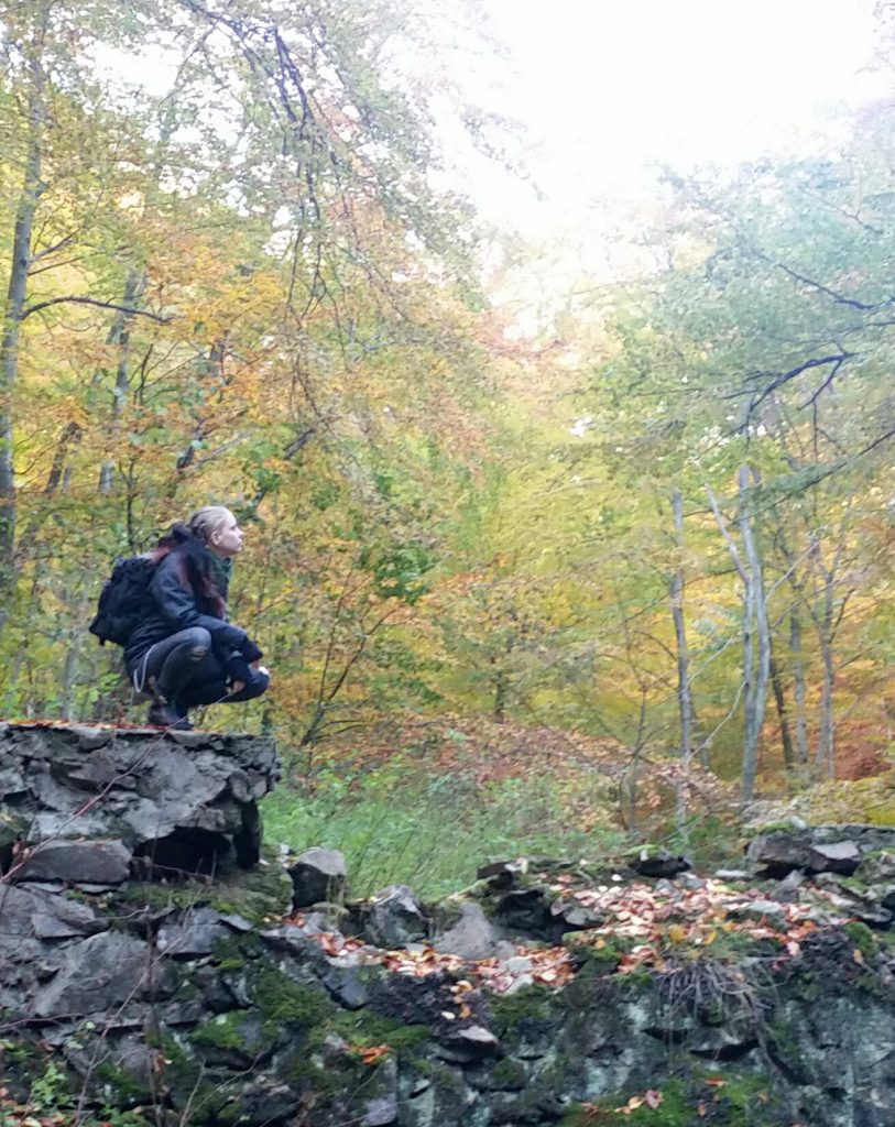 Me sitting on a cliff edge looking out over a leafy fall forest