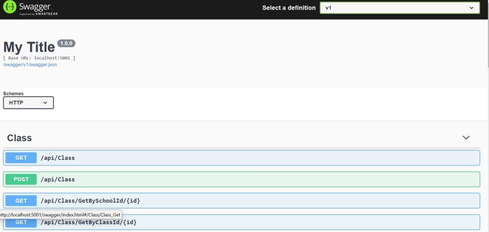 screenshot of swagger user interface. GET, POST for api/class