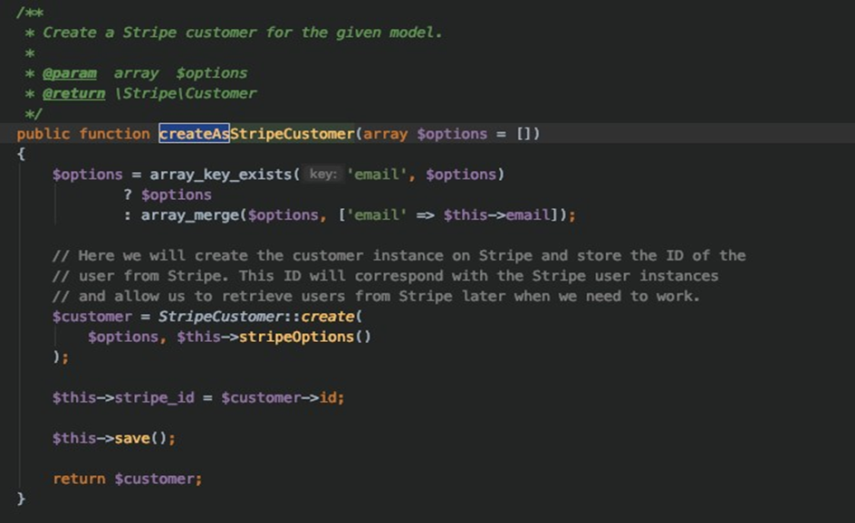 code snippet from create stripe customer