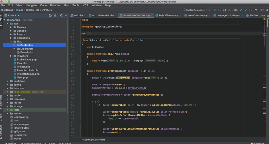 overview of phpstorm, with UI, project list and code file