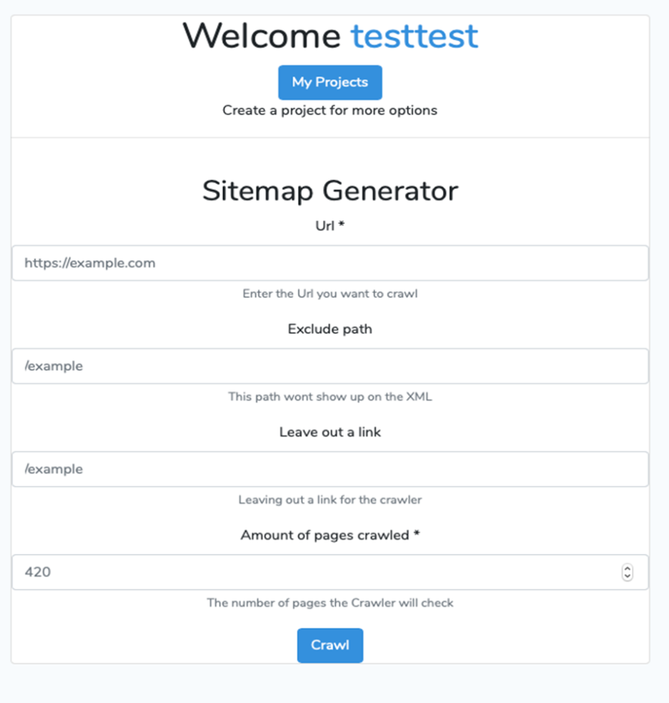 sitemap generator UI, select project. form fields for: Url , exclude path, leave out a link, amount of pages crawled view count