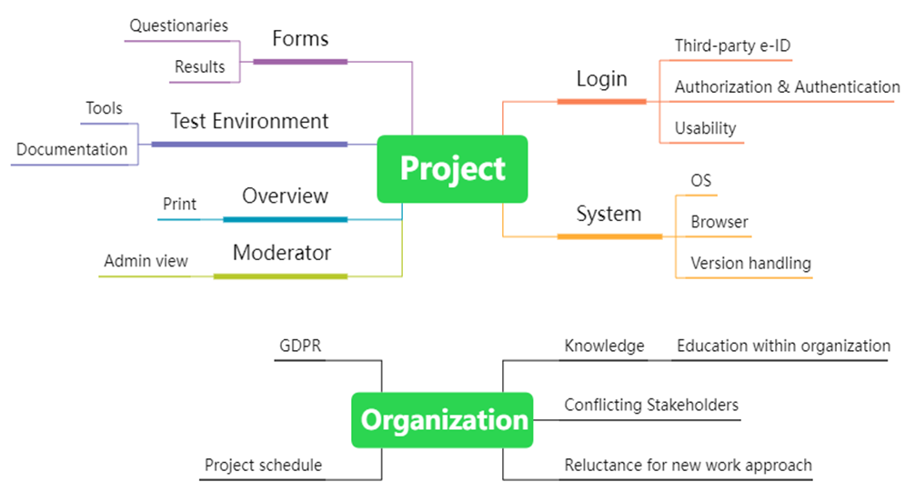 mind map with two main cluster: Project and organization