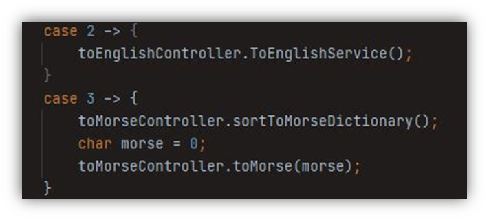 code snippet of a switch case including a dot notation to access a class.method