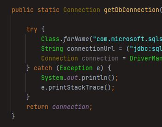 Code snippet of Connection Method with try-catch