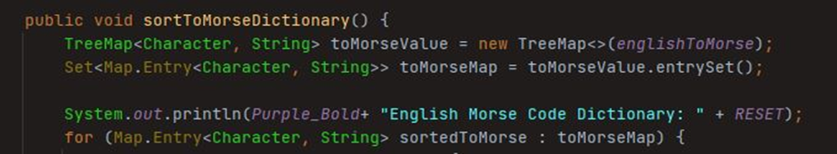 Code snippet of the first code in the method to sort the morse code dictionary with TreeMap