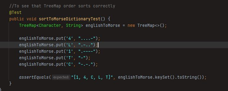 Code snippet of sort to morse dictionary with TreeMap<>